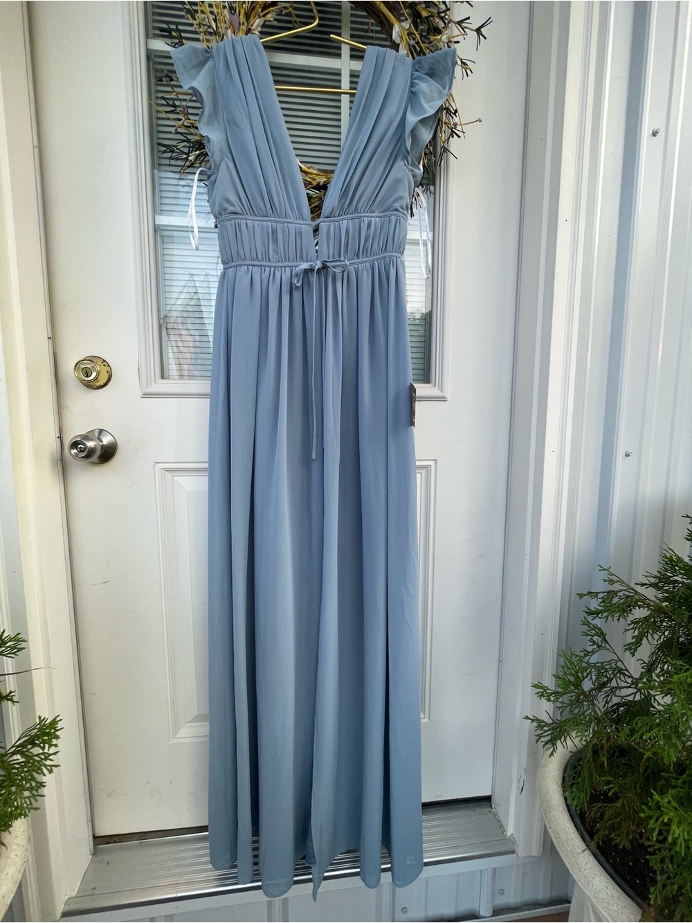 Lulu's Dusty Blue Deep V Maxi Dress with Ruffle Cap Sleeves - Picture 6 of 8